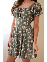 Dámské květované šaty s nabíraným rukávem a elastickým pasem khaki