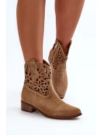 Zazoo 3404 Průhledné boty kovbojky na nízkém podpatku semišové světle béžové