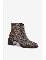 Kožené dámské kotníkové boty na sloupkovém podpatku, zateplené, vzor leopard D&A – černo/zlaté