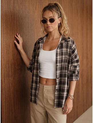 Dámská bavlněná košile s kostkovaným vzorem, tmavě hnědá, FashionStreet DY0512 Dámská bavlněná košile s kostkovaným vzorem, tmavě hnědá, FashionStreet DY0512