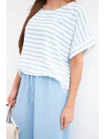 Dámská souprava viskózová s pruhovanou blůzou a širokými kalhotami s gumou modrý