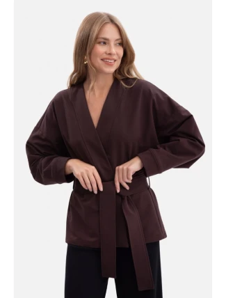 B297 Pletené sako bez límce s otevřenou přední částí - tmavá čokoláda