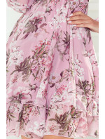 Šifonové šaty se zavazovaným výstřihem Numoco MONICA - růžové s květy