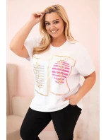 Dámská bavlněná halenka Plus Size s kamínky bílá + růžová