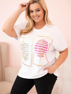 Dámská bavlněná halenka Plus Size s kamínky bílá + růžová