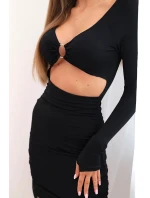 Dámské šaty s dlouhým rukávem a průstřihem v pase s ozdobným kruhem černý Dámské šaty s dlouhým rukávem a průstřihem v pase s ozdobným kruhem černý