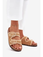 Dámské háčkované pantofle se zlatými přezkami – camel Fenira