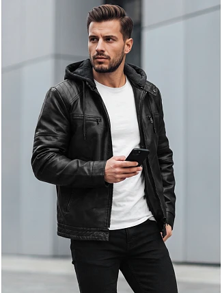 Pánská kožená zateplená bunda s kapucí, černá, FashionStreet TX5145 Pánská kožená zateplená bunda s kapucí, černá, FashionStreet TX5145