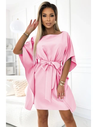 287-30 SOFIA Dámské motýlí šaty se zavazováním v pase - PASTELOVÁ Bledě růžová 287-30 SOFIA Dámské motýlí šaty se zavazováním v pase - PASTELOVÁ Bledě růžová