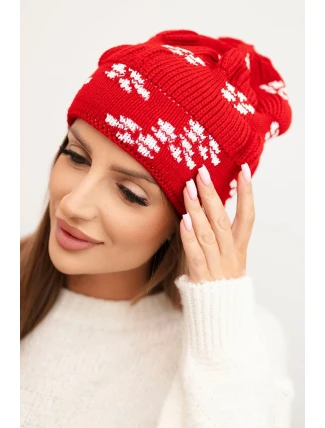 Dámská zimní pletená čepice se vzorem sněhových vloček K463 červená Dámská zimní pletená čepice se vzorem sněhových vloček K463 červená