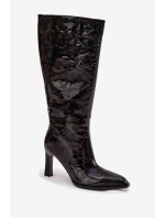 Zdobené Lakované Kozačky Dámské Na Podpatku D&A MR880-055 Černé