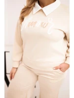 Dámská souprava máslíčko Plus Size s širokými nohavicemi a límečkem béžová