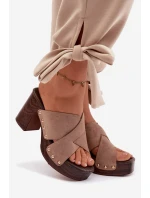 Dámské sandály na podpatku se zlatými přezkami tmavě béžové Nerelle