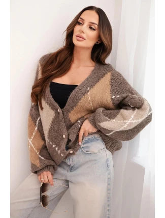 Dámský svetr na knoflíky s kostkovaným vzorem z vlny fango