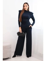 Dámský bavlněný komplet s blůzou a kalhotami s širokými nohavicemi granátový