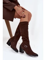 Kožené semišové kozačky na podpatku s přezkou Vyhřívané Zazoo 70156 Čokoládové