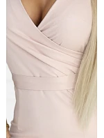 479-13 NINA elegantní šaty s obálkovým výstřihem, rukávy a páskem - béžové se třpytkami