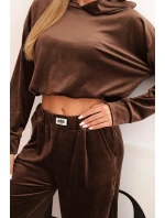 Dámský teplákový komplet z veluru se širokými nohavicemi a mikinou s kapucí hnědý
