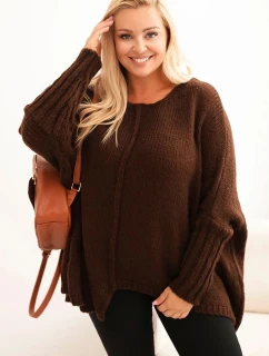 Dámský svetr Plus Size z akrylu s volným střihem a rukávem 3/4 hnědý