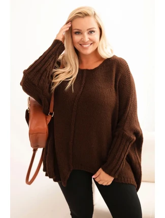 Dámský svetr Plus Size z akrylu s volným střihem a rukávem 3/4 hnědý