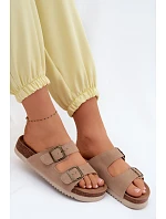 Kožené semišové dámské pantofle s přezkami tmavě béžové Rosaliae