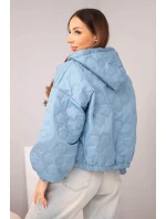 Dámská prošívaná bunda s kapucí a ozdobným květinovým vzorem jeansová