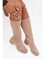 Dámské kozačky s ozdobou na bloku Eko semiš béžové Ivanna