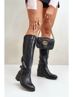 Dámské Kozačky Před Koleno Na Ploché Podpatky S Přezkami Černé Lotina