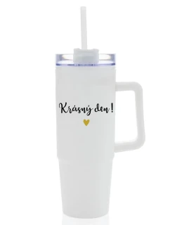 KRÁSNÝ DEN - bílý cestovní termohrnek s průhledným víčkem 900 ml