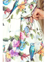 Dámské maxi šaty se zavazováním za krkem, s rozparkem a se vzorem barevných růží a světle modrých ptáčků model 7429092