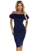 599-3 CARMEN Přiléhavé midi šaty ve španělském stylu - tmavě modré