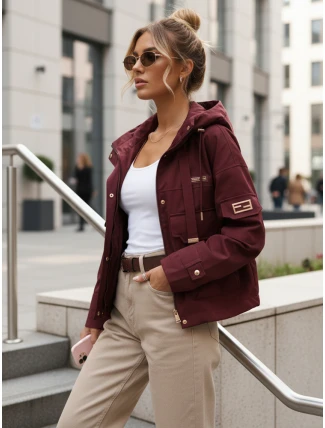 Dámská přechodná bunda s kapucí a kapsami vínová FashionStreet TY5635