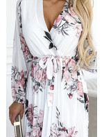 GEPPI - Bílé dámské plisované midi šaty s výstřihem, dlouhými rukávy, páskem a se vzorem růží 458-2