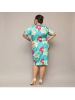 Zeleno-fuchsijové přeložené obálkové dámské květované šaty v délce ke kolenům (742) Zeleno-fuchsijové přeložené obálkové dámské květované šaty v délce ke kolenům (742)