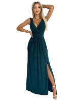 467-1 LOUISE brokátové dlouhé šaty s výstřihem a rozparkem na nohou - BUTTER GREEN
