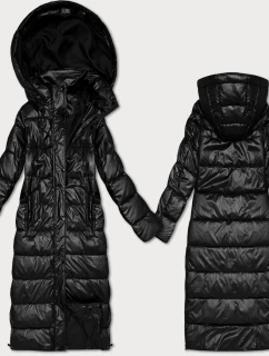 Černá dlouhá prošívaná bunda pro přechodné období s kapucí (T3-2629#-1)
