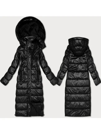 Černá dlouhá prošívaná bunda pro přechodné období s kapucí (T3-2629#-1)