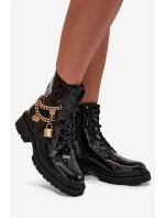 Lakované Botky Worker Damské Se Zlatým Řetízkem Zateplené Černé Sarinae