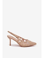 Dámské sandály na podpatku s krajkou tmavě béžové Pelivelle