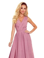 JUSTINE - Dlouhé dámské šaty v pudrově růžové barvě s brokátem, s výstřihem a zavazováním 362-1
