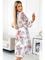 CARLA - Plisované dámské midi šaty s knoflíčky, dlouhými rukávy a se vzorem oranžových růží na bílém pozadí 449-1