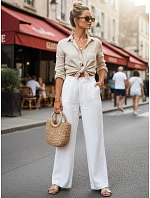 Dámské lněné kalhoty s širokými nohavicemi bílé  UY3078 - FashionStreet