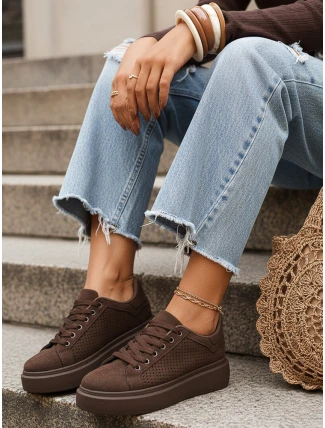 Hnědé dámské tenisky na hrubé podrážce basic semiš FashionStreet ZY1372