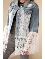 Dámská džínová bunda z bavlny a květinovou krajkou tmavě džínová