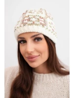 Zimní dámská čepice s barevným přízí a silným lemem K355 ecru+khaki+tmavě růžový