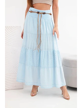 Dámská maxi bavlněná sukně s ažurovou výšivkou a elastickým pasem modrá Dámská maxi bavlněná sukně s ažurovou výšivkou a elastickým pasem modrá