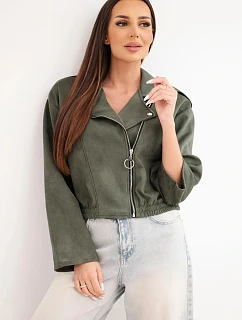 Dámská semišová viskózová bunda s asymetrickým zipem khaki