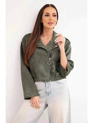 Dámská semišová viskózová bunda s asymetrickým zipem khaki
