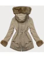 Světle béžová krátká dámská zimní bunda parka s kožešinovou podšívkou (16M9062-62)