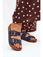 Dámské pantofle na korkové platformě s přezkami – tmavě modré